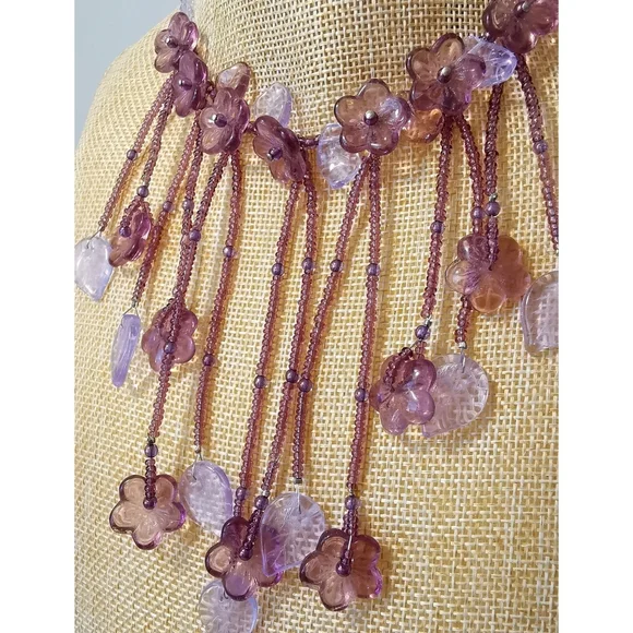 NWT purple lavender flower fringe choker necklace Czech bead - Picture 4 of 9